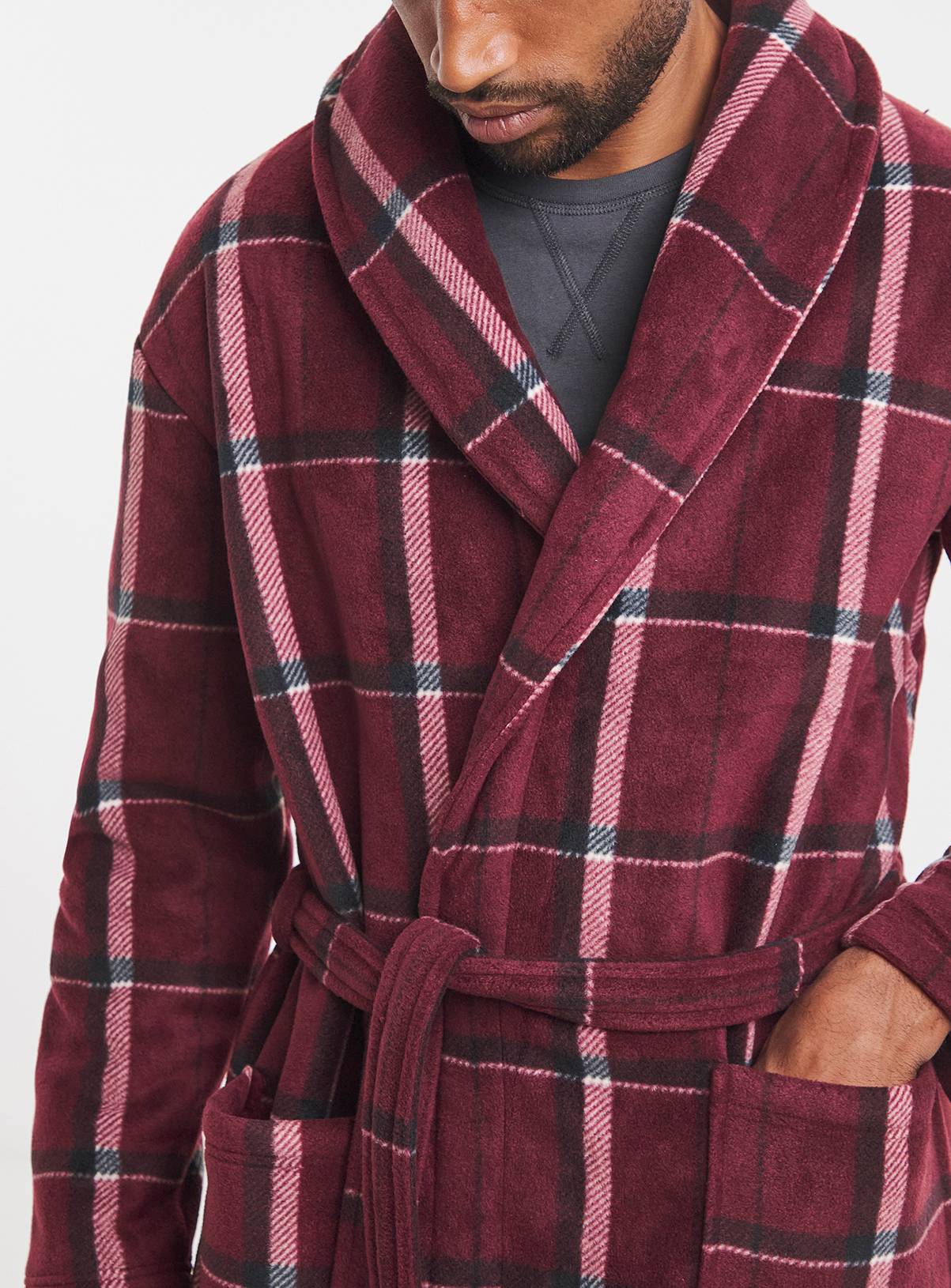 JACAMO Check Borg Lined Fleece Dressing Gown Red XL - Image 4